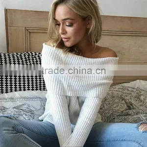 off Shoulder Elastic Spring Sweater Women Short Gray Lapel Pullover Sexy White Jumpers Autumn Knitwear Top thumbnail-4