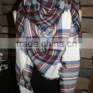 Plaid Tartan Blanket Scarf Maroon Blue Plaid Scarf Christams Gift Scarves thumbnail-1