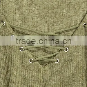 Ladies Wearing Hand Knitted Wool Sweaters With Lacing V-Neck Design thumbnail-2