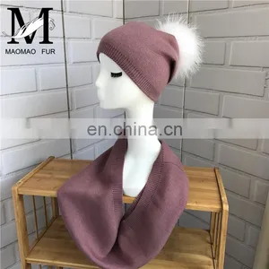 Women Cashmere Knitted Collar Raccoon Fur Pompom Hat Wholesale Hat and Scarf Sets thumbnail-1
