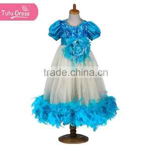 Blue Feather Dresses for Baby Girls 2015 New Design Lace and Feather Kids Dresses thumbnail-1