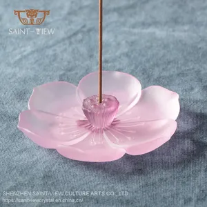 Japanese Style Crystal LIULI Romantic Pink Lotus Coil Plate for Incense Burner Ashtray thumbnail-1