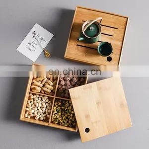 Elegant Design Square Bamboo Snack Serving Tray 4 Compartments Dried Fruit Storage Box With Bamboo Lid Pantry Organizer thumbnail-3