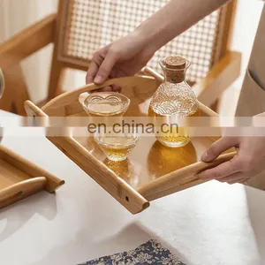 Wholesale Good Quality Custom Square Wooden Serving Tray Breakfast Storage Tray With Cut Out Handles thumbnail-1