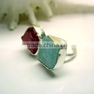 Ruby & Aquamarine Rough Natural Gemstones Rings, Matt Finish Adjustable Rings, 925 Solid Sterling Silver Rings thumbnail-2