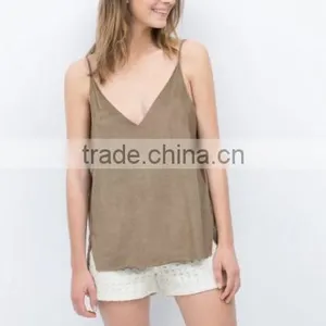 Fashion Women Faux Suede V Neck And Back Strappy Top 2016 thumbnail-1