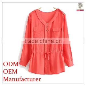 Women's Full Folded Sleeve v Neck Ruched Back Yoke Red Color Blouses for Fat thumbnail-1