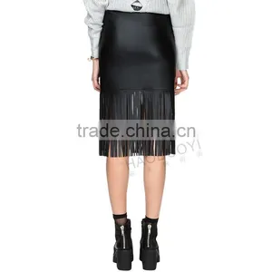 MGOO New Arrival OEM Services Women Black Faux Leather Midi Slinky Skirts With Tassels Bottom 15145A033 thumbnail-4