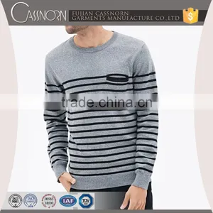 Navy Stripes Crew Neck Cotton Long Sleeve Men Pullover Sweater With Chest Pocket thumbnail-1