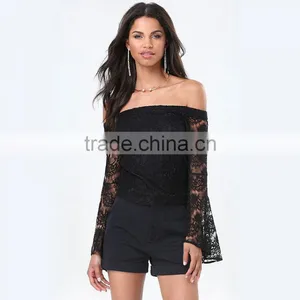 Clothes Woman Fashion Long Bell Sleeve Off-shoulder Lace Blouse Black for Wholesale 2017 thumbnail-5