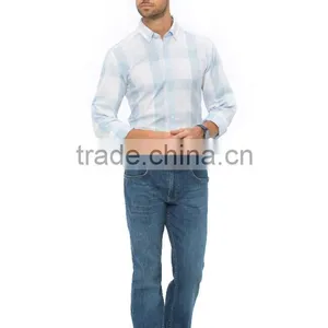 Blue Check Skinny Long Sleeve Buttoned Mens Casual Shirt thumbnail-3