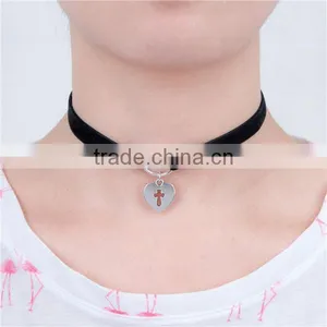 Velveteen Halloween Choker Necklace Antique Silver Black Heart Cross 34cm Long thumbnail-1