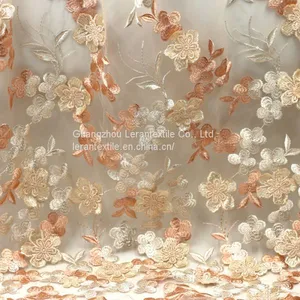 China Manufacture African Handcut Orange Tulle Embroidered Lace Fabric for Wedding Dress thumbnail-4