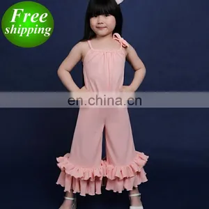 2019 New Wide Leg Korean Fashion Pink Ruffle Pants Jumpsuits for Girls thumbnail-1