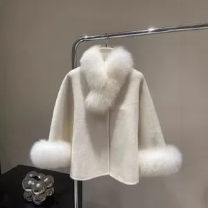 Precious Small Cape Double-sided Cashmere Coat for Women in Autumn and Winter Small Wool Rich Woman Fox Fur Collar Coat Short thumbnail-3
