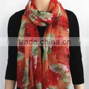 Green and Red Flower Printed Viscose Scarf thumbnail-1