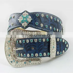 2016 Best Seller Scallop Western Rhinestone Leather Belt With Turquoise Concho thumbnail-5