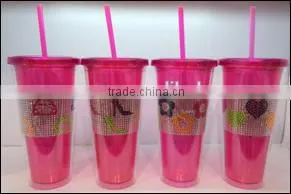 24oz Double Wall Straw Tumbler With Shinning Stone Around thumbnail-1