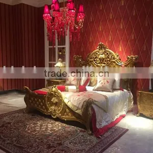 Luxury Gold Painting Royal Bed With Night Stand, Antique Solid Wood Carved Bedroom Set, Palace Design Wood Bedroom Furniture Set thumbnail-1