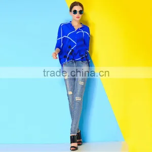 Two Color 3/4 Sleeve Fashion Design 2015 New Design Chiffon Ladies Blouse thumbnail-3