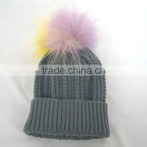 Myfur Grey Color Winter Striped Knitting Cap With Customized Big Fur Pom Pom thumbnail-6