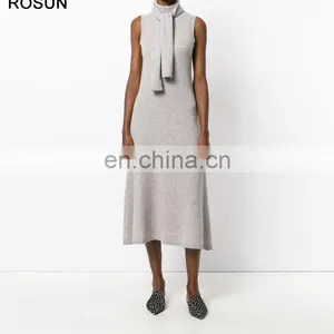 High Fashion Women 100% Wool Tie Neck Sweater Dress thumbnail-3