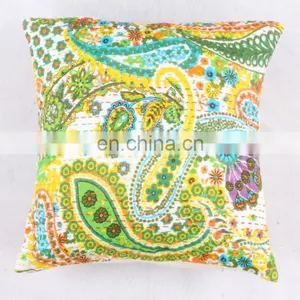 Indian Cotton Handmade Green Kantha Cushion Cover Kantha Throw Pillow Cover Hand Quilted Decorative Cushion Cover Art thumbnail-1