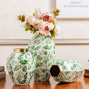 Fashion European Style Green Leaf Electroplate Gild Ceramic Flower Vase For Hallway Decor thumbnail-2