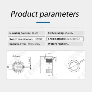 Ip67 Dot Led Red Green Blue Plastic Cover 220v 1no1nc 16mm Push Button Switch Momentary thumbnail-3