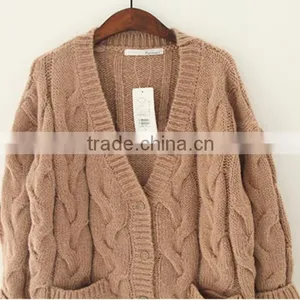V-neck Jacquard Knitting Wear Long Sleeve Pocket Long Lady Winter Thick Sweater Cardigan thumbnail-4