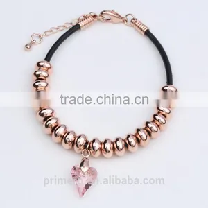 Fashion Austrian Crystal Plated Bracelets Leather Rope Heart Love Beads Bangles Jewelry thumbnail-5