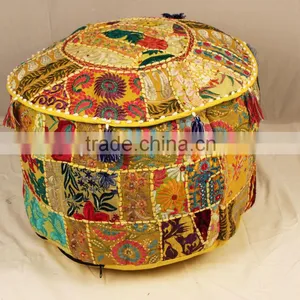 Indian Ethnic Vintage Footstool Furniture Patchwork Bohemian Round Cotton Chair Pouffe Pouf Ottoman thumbnail-1