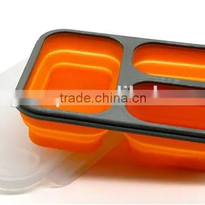 Eco-friendly 100% Food Grade 3 Compartments Collapsible Silicone Folding Lunch Box, Microwave Orange Silicone Folding Lunch Box thumbnail-1