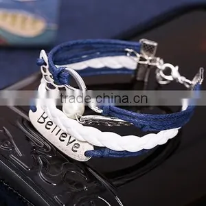 NEW Infinity Dream Skull Wings Friendship Antique Silver Leather Charm Bracelet thumbnail-1