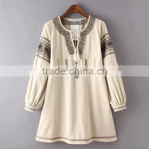 Latest Design Long Sleeve Cotton Tassel Embroidered Tunic Mini Dresses thumbnail-2