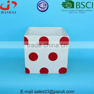 Glazed White With Red Polka Dots Ceramic Pot Plant White Square Cube, Pot Plant White thumbnail-1