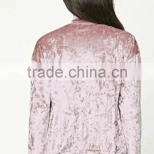 Wholesale Pink Fashion New Bomber Jackets Crushed Zip Up Front Sports Baseball Varsity Jackets Polyester Velvet Bomber Jacket thumbnail-4