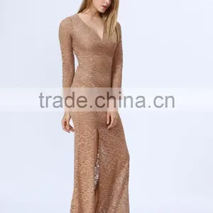 Sexy Women V-neck Cutout Back Side Split Slim Lace Maxi Dress Wholesale thumbnail-3