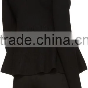 High Quality Women Plain Black Long Sleeve Rib Knit Pullover With Peplum Hem thumbnail-3
