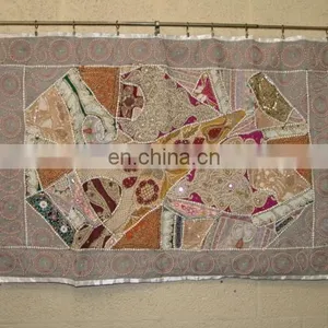 Wholesale Old Sari Patchwork Tapestry Wall Hangings Handmade Silk Beads Work Runner thumbnail-3