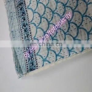 Indian Iket Print Kantha Quilt Throw Reversible Cotton Bedspread Vintage Gudri thumbnail-1