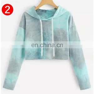 Purple Tie Dye Printing Short Hoodies Sweatshirt Women Casual Drawstring Thin Pullover Autumn Female Girl Long Sleeve Tops thumbnail-3
