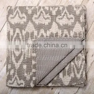 Gray Ikat Kantha Quilt Vintage Kantha Quilt Handstiched Kantha Work Bed Cover Throw Blanket Bedding thumbnail-1