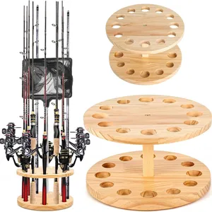 Fishing Rod Holders for Garage Organizer Stand Rack Wooden Round Floor Stand Fishing Rod Rack Holds Fishing Pole Rack thumbnail-1