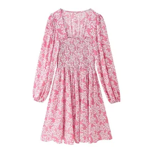 2025 New Spring/summer Women's Printed Long Sleeved Square Neck Floral Dress thumbnail-1