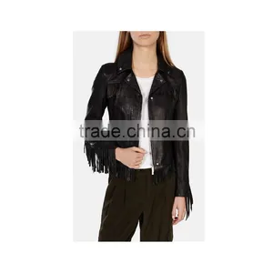 Lady's Genuine Sheepskin Leather Fringe Jacket, Black thumbnail-2