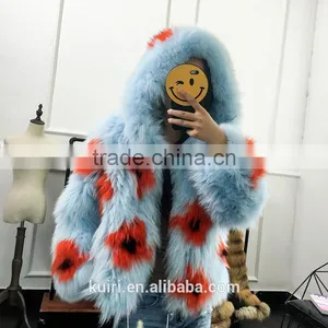 Brand Design Fox Fur Knited Woman Real Colorful Fox Jacket Long Sleeves With Hoood thumbnail-1