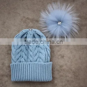 Myfur Top Selling Products Crochet Captain America Beanie Hat With Raccoon Fur Pom Pom Dinosaur in thumbnail-5
