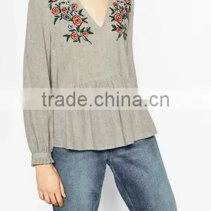 Runwaylover EY2365B New Fashion 2017 Ladies Deep V-Neck Embroidery Blouse thumbnail-3