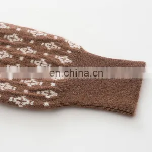 Custom Women's Loose Full Zip Floral Jacquard Lady Cashmere Sweater Casual Winter Style Knitted Top thumbnail-5